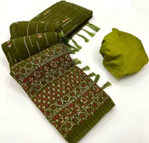 Faux Georgette Foil Print Crush Saree - Green