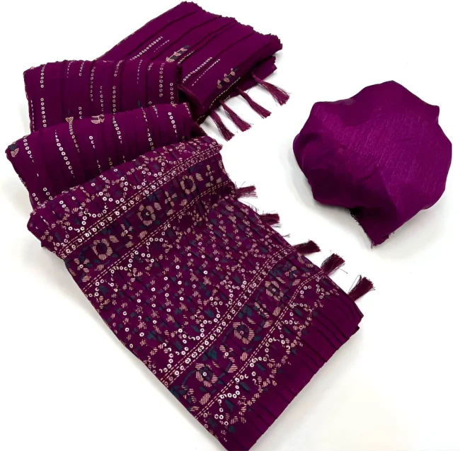 Faux Georgette Foil Print Crush Saree - Wine