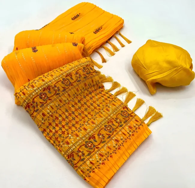 Faux Georgette Foil Print Crush Saree - Yellow