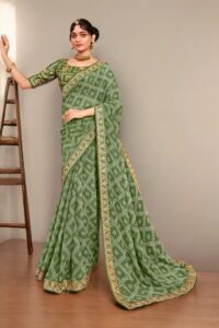 Bandhani Print Georgette Saree - Olive Green