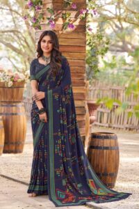 Printed Crepe Saree - Blue