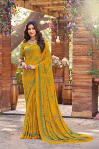 Printed Crepe Saree - Gold