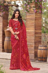 Printed Crepe Saree - Red