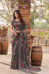 Printed Crepe Saree - Slate Gray